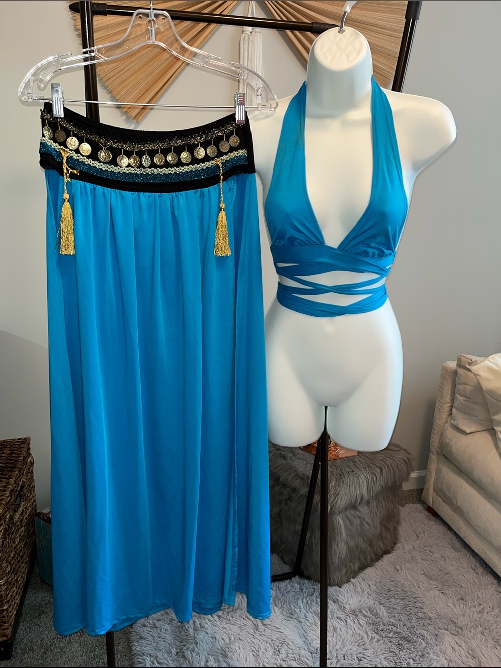 PLAYBOY Turquoise Halter Wrap Crop Top and Maxi Skirt with Gold Coin Accents